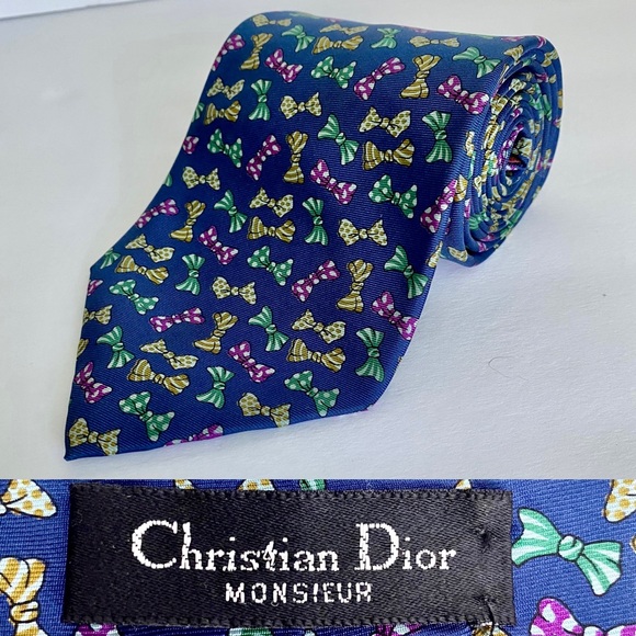 ✨Christian Dior Monsieur 100% Silk Men’s Tie w/ Bow Tie Pattern, Rare, Vintage - Picture 1 of 6